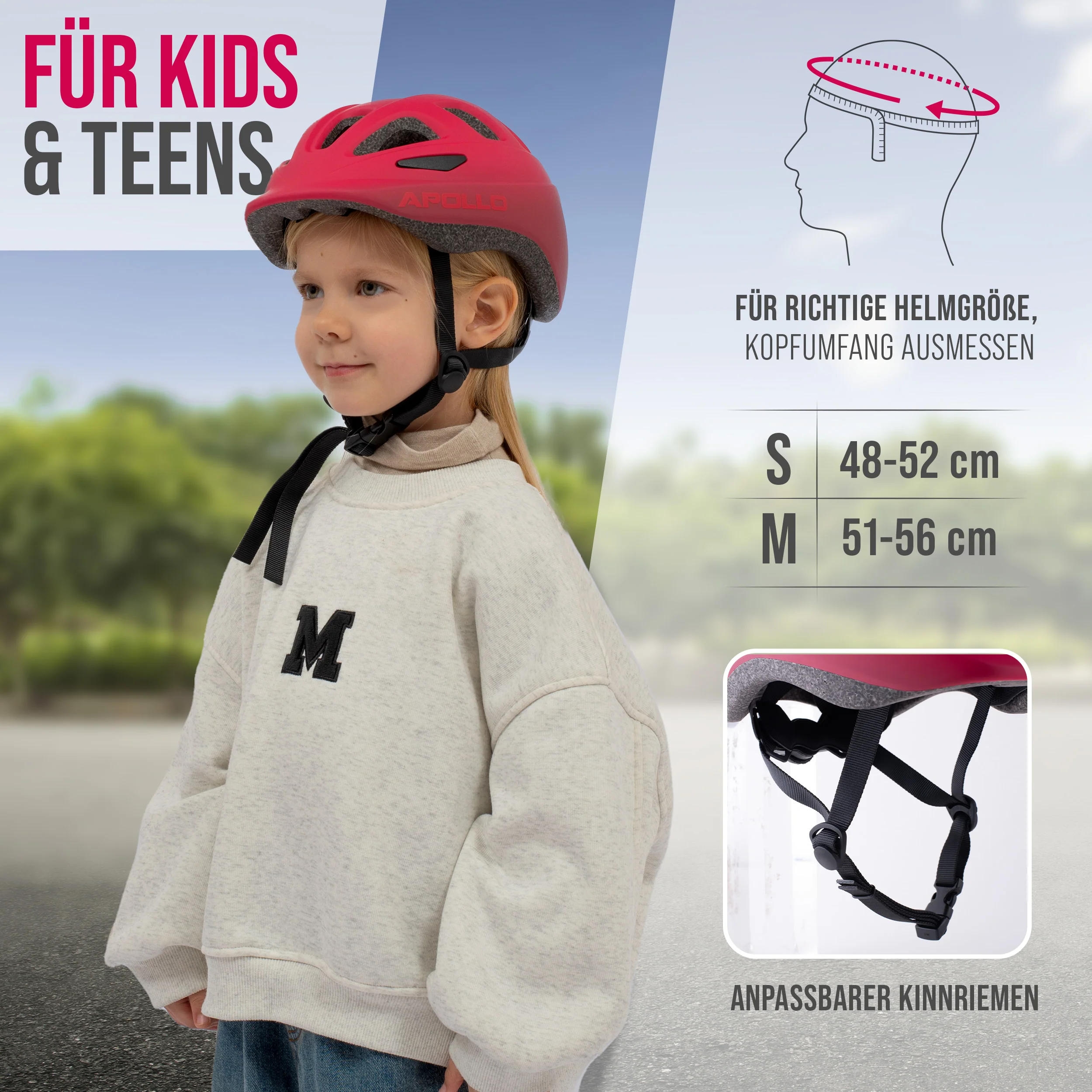 AKZEPTABEL Apollo Kinder Fahrradhelm, Helm für Kinder & Jugendliche, Multisport Helm - Red Fade - M (51-56 cm) - Afbeelding 7