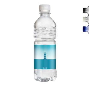 Flesje water bedrukken 50cl, schroefdop, kunststof etiket